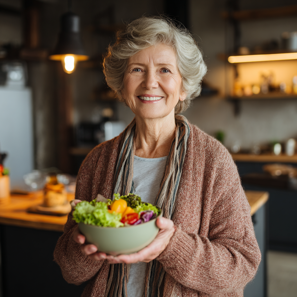Happy elderly European couple cooking together in a modern kitchen, smiling while preparing colorful healthy vegetables