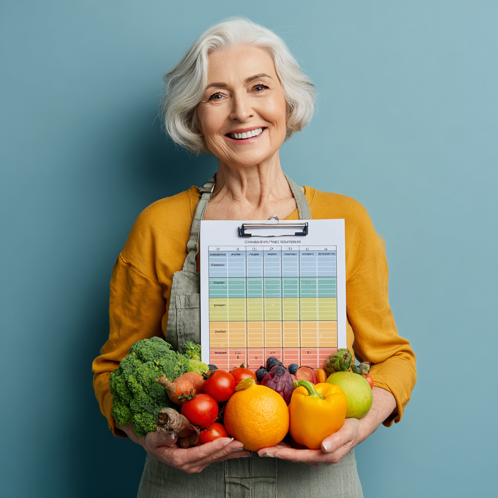 Smiling elderly European woman holding a colorful meal planning chart with fresh fruits and vegetables arranged around her